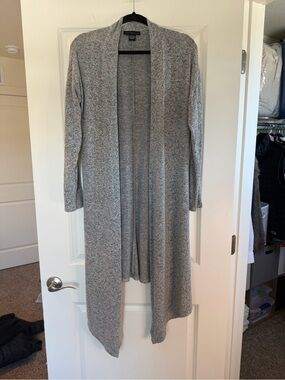 Joan Vass Light Heather Gray Long Open-Front Cardigan